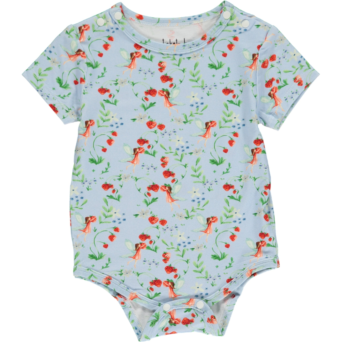 short sleeve summer onesie in red and green watercolor fairy print with light blue background, in sustainable bamboo fabric