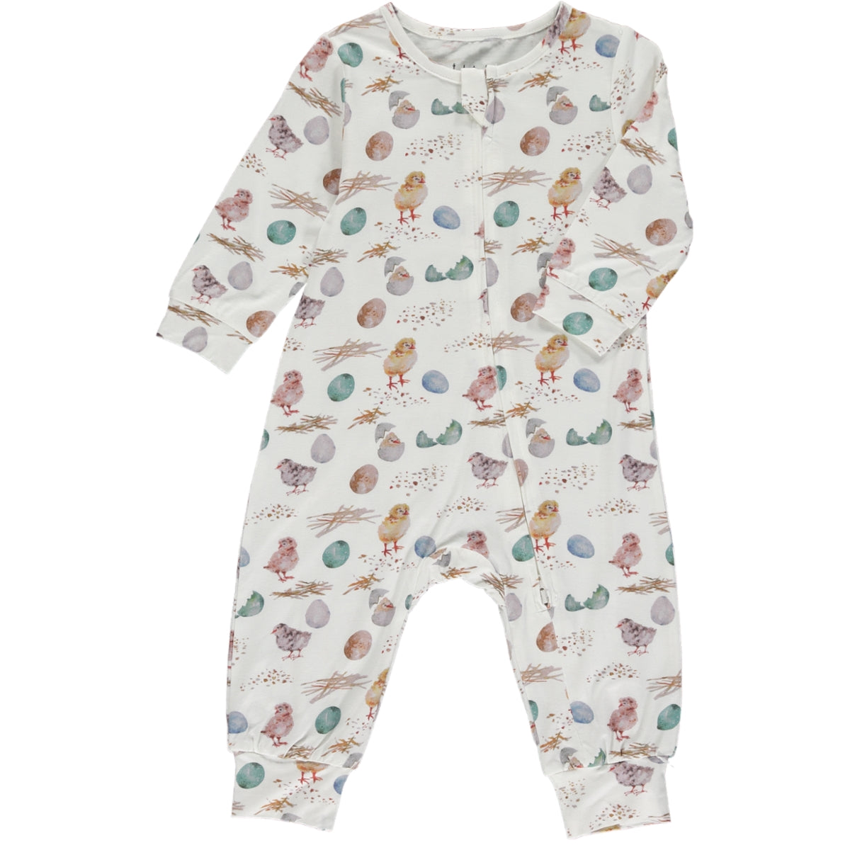 long romper with long sleeves in blue and pink watercolor chicks and eggs print on a white background, made of bamboo fabric, zip front fastening