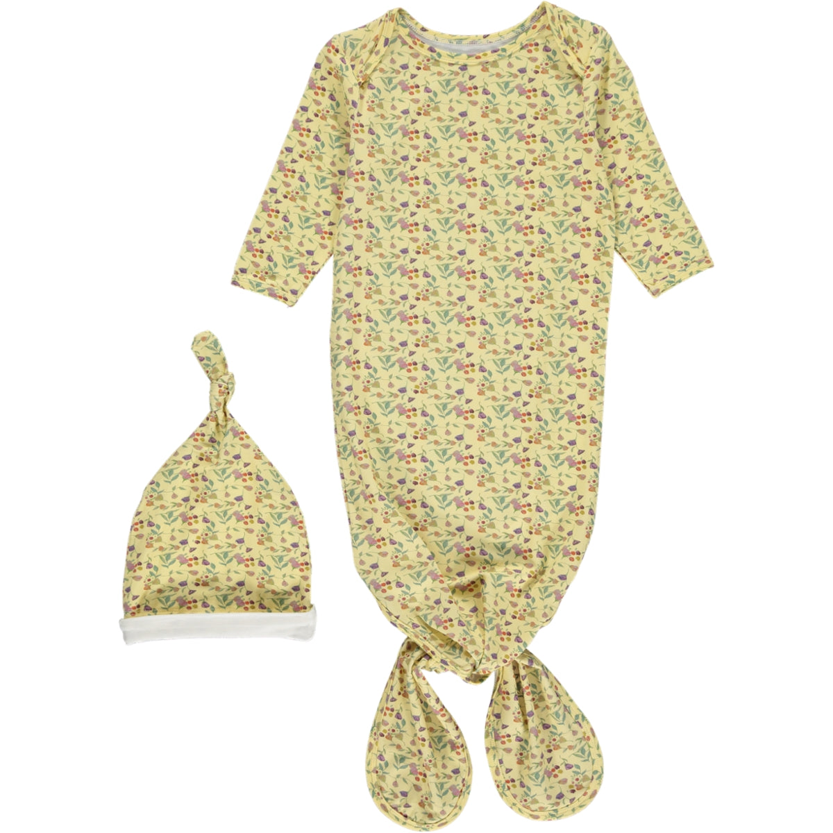 long knotted gown with long sleeves and matching knotted hat, in multicolor watercolor wildflower print on a yellow background, made of bamboo fabric