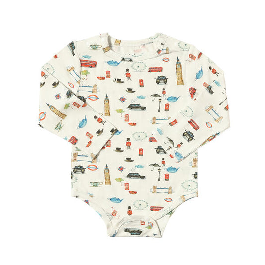 Onesie in white with sweet watercolour London icons print. With long sleeves. Made from soft bamboo fabric.