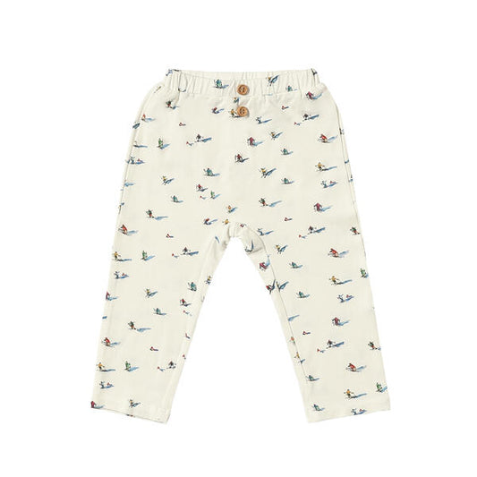 Leggings in white with sweet watercolour skiers print. With two buttons at the waist and made from soft bamboo fabric.