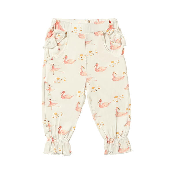 Sweet pants with ruffled pockets and gathers at the ankle. In white with pink watercolour ballerina print. Made from soft bamboo fabric.