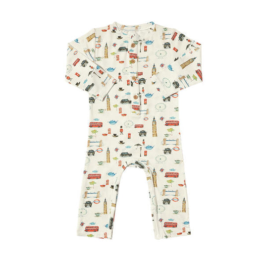 Romper in white with sweet watercolour London icons print. With long sleeves. Made from soft bamboo fabric.