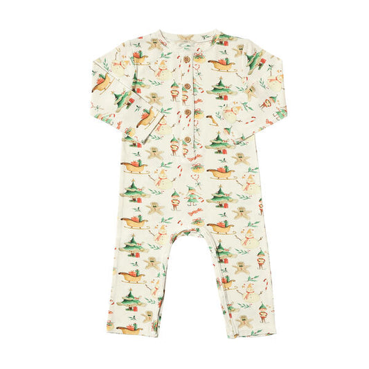 Henley romper in white with sweet watercolour Christmas elves print. With button down placket at the neck. Made from soft bamboo fabric.