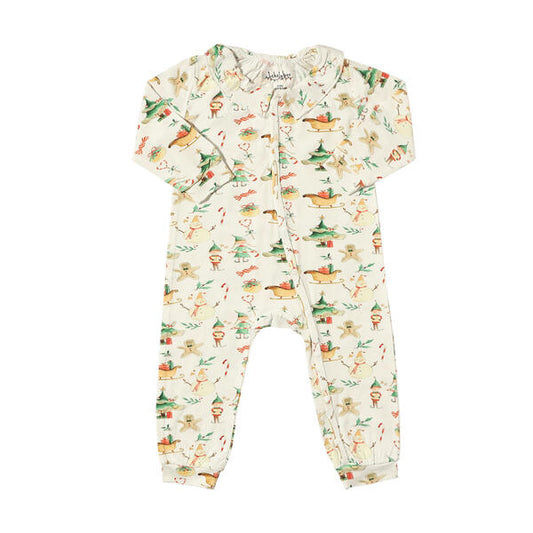 Long leg romper in white with sweet watercolour Christmas elves print. With sweet frill at the neck and zip fastening. Made from soft bamboo fabric.