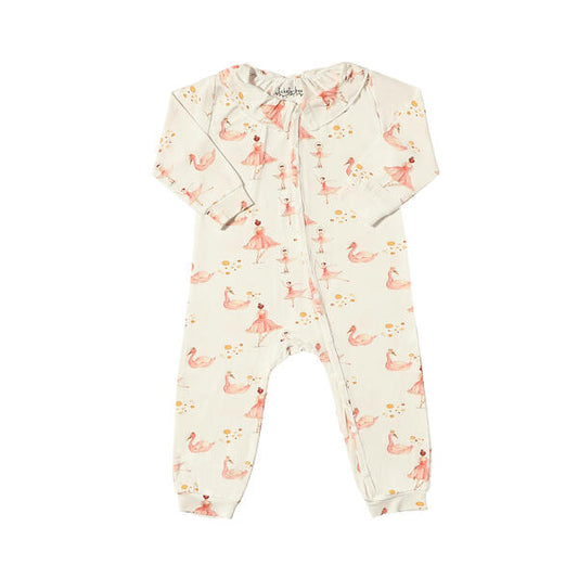 White romper with watercolor pink ballerina print and ruffles at the neck. Soft fabric made from Bamboo.