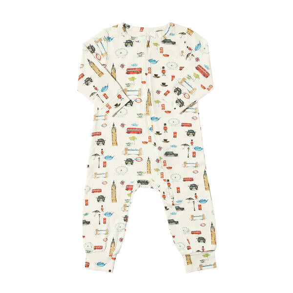 Long sleeve romper in white with sweet watercolour London icons print. With zip fastening and made from soft bamboo fabric.