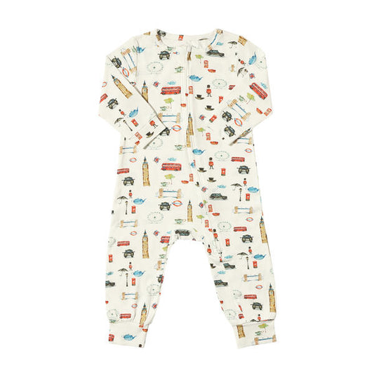 Long sleeve romper in white with sweet watercolour London icons print. With zip fastening and made from soft bamboo fabric.