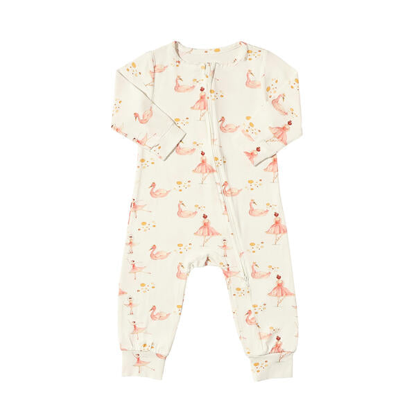 Sweet long leg romper in white with pink watercolour ballerina print. With long sleeves and zip fastening. Made from soft bamboo fabric.