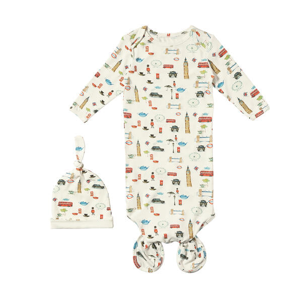 Knotted sleep gown in white with sweet watercolour London icons print. With long sleeves and matching knotted hat. Made from soft bamboo fabric.