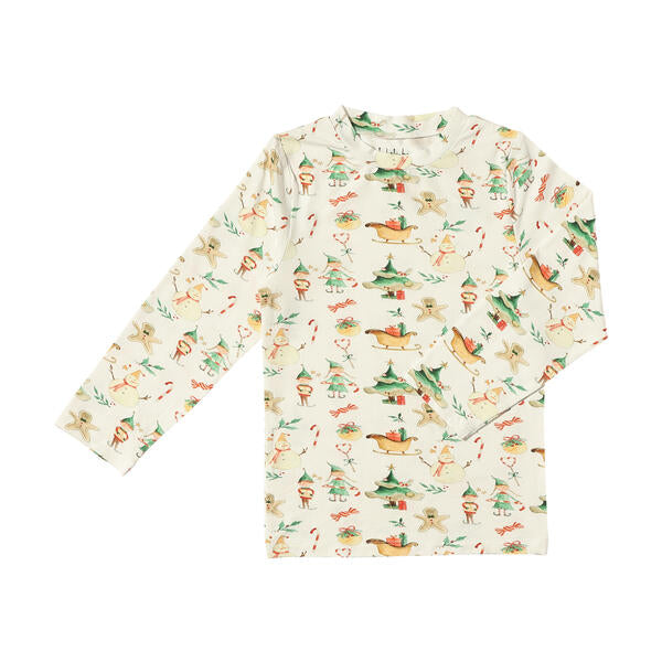 T shirt in white with sweet watercolour Christmas elves print. With long sleeves. Made from soft bamboo fabric.