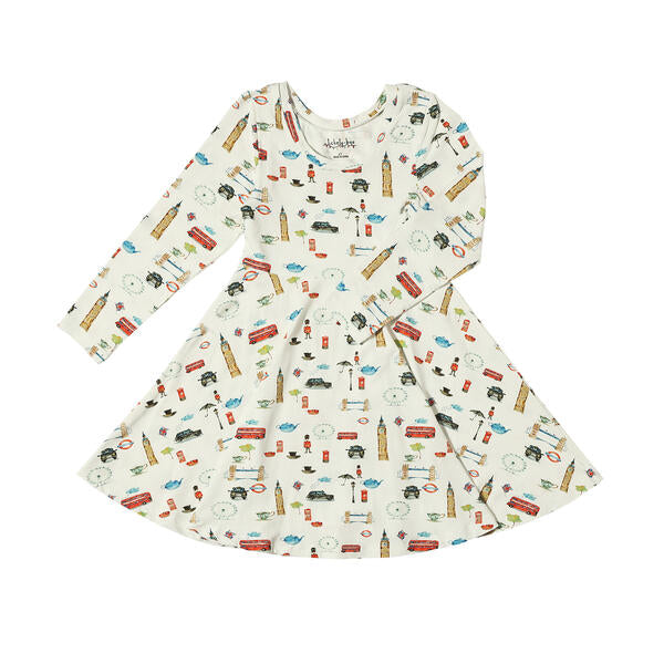 Sweet twirl skirt dress in white with watercolour London icons print. With long sleeves. Made from soft bamboo fabric.