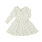 Dress with twirl skirt in white with sweet watercolour skiers print. With long sleeves. Made from soft bamboo fabric.