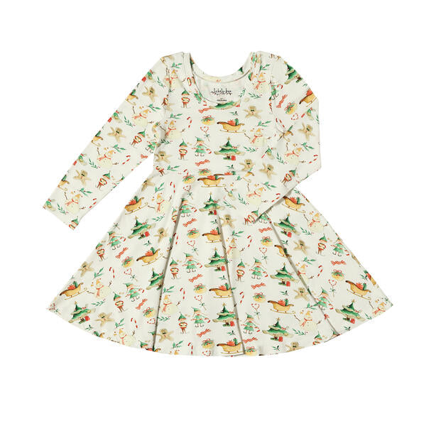 Fun dress with twirl skirt in white with sweet watercolour Christmas elves print. With long sleeves. Made from soft bamboo fabric.