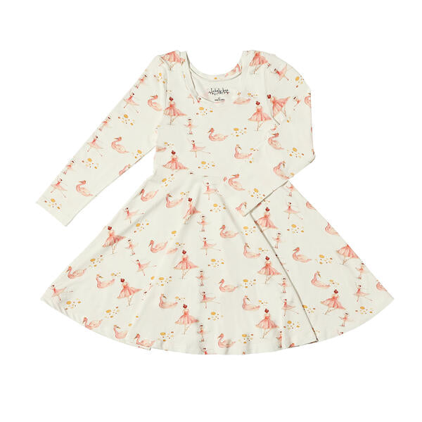 Sweet dress with twirl skirt in white with pink watercolour ballerina print. With long sleeves and made from soft bamboo fabric.