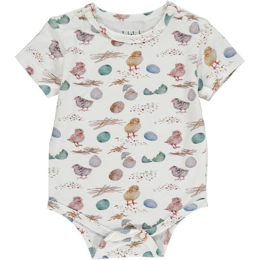 short sleeve summer onesie in blue and green chicks and eggs watercolor print with white background, in sustainable bamboo fabric