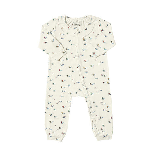 Long leg romper with frill at the neck in white with sweet watercolour skiers print. With zip fastening and made from soft bamboo fabric.