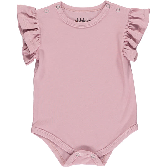 flutter sleeve summer onesie in plain rose pink, in sustainable bamboo fabric