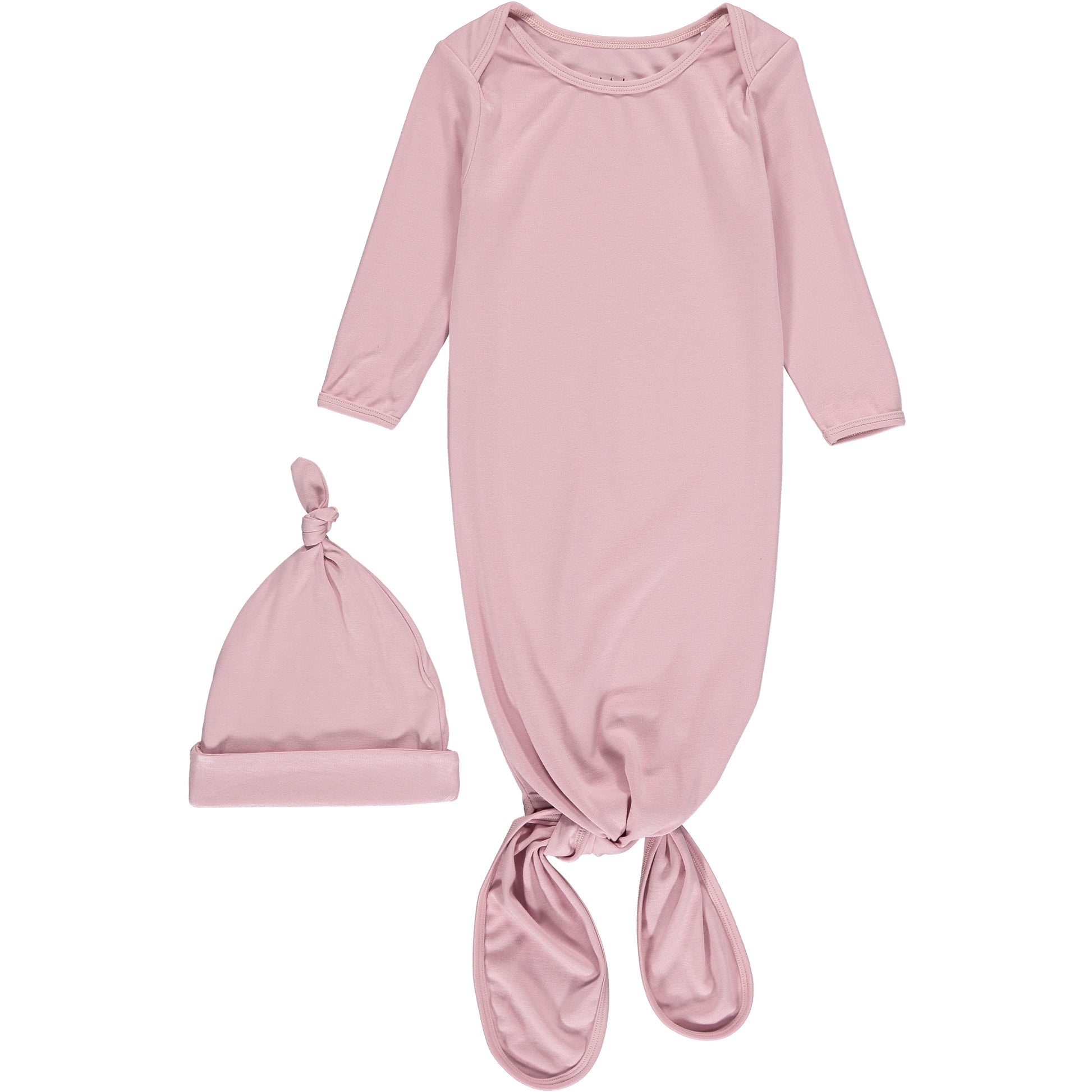 long knotted gown with long sleeves and matching knotted hat, in plain rose pink, made of bamboo fabric