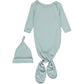 long knotted gown with long sleeves and matching knotted hat, in plain soft blue green, made of bamboo fabric