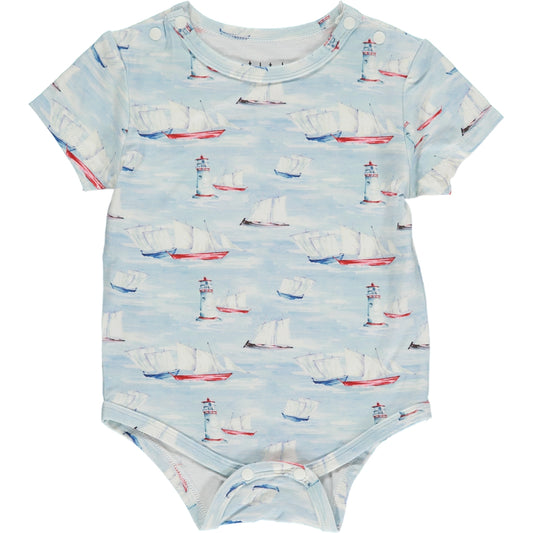 short sleeve summer onesie in traditional sailing boat watercolor print with light blue background, in sustainable bamboo fabric