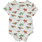 short sleeve summer onesie in green and brown turtle watercolor print with white background, in sustainable bamboo fabric