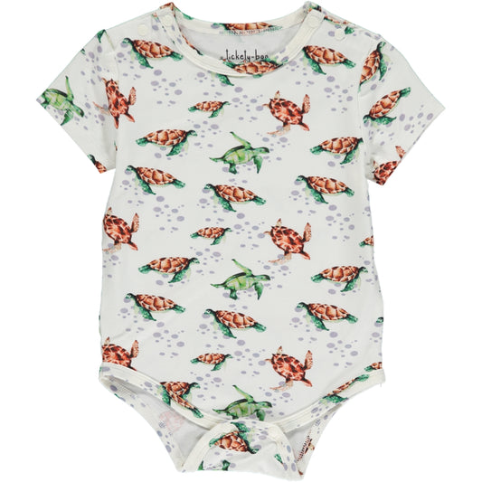 short sleeve summer onesie in green and brown turtle watercolor print with white background, in sustainable bamboo fabric