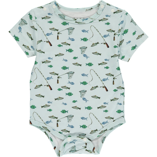 short sleeve summer onesie in fishing watercolor print with light green background, in sustainable bamboo fabric