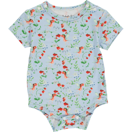 short sleeve summer onesie in red and green watercolor fairy print with light blue background, in sustainable bamboo fabric 