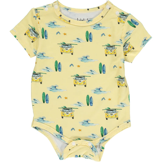 short sleeve summer onesie in green and yellow camper van and surf board watercolor print with yellow background, in sustainable bamboo fabric