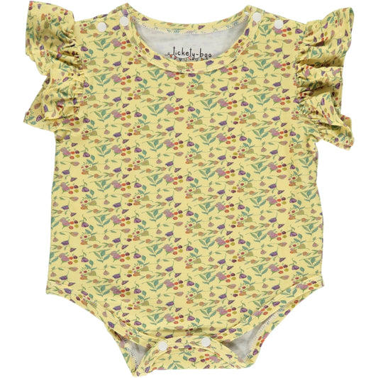 flutter sleeve summer onesie in multicolor wildflower watercolor print with yellow background, in sustainable bamboo fabric