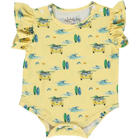flutter sleeve summer onesie in yellow and green camper van and surf board watercolor print with yellow background, in sustainable bamboo fabric