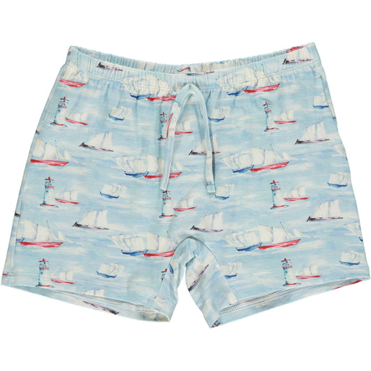 summer shorts in traditional sailing boats watercolor print with light blue background, in sustainable bamboo fabric