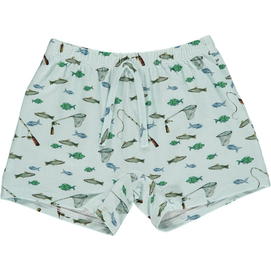 summer shorts in watercolor fishing print with light green background, in sustainable bamboo fabric