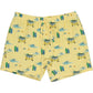 summer shorts in green and yellow camper van and surf board watercolor print with yellow background, in sustainable bamboo fabric