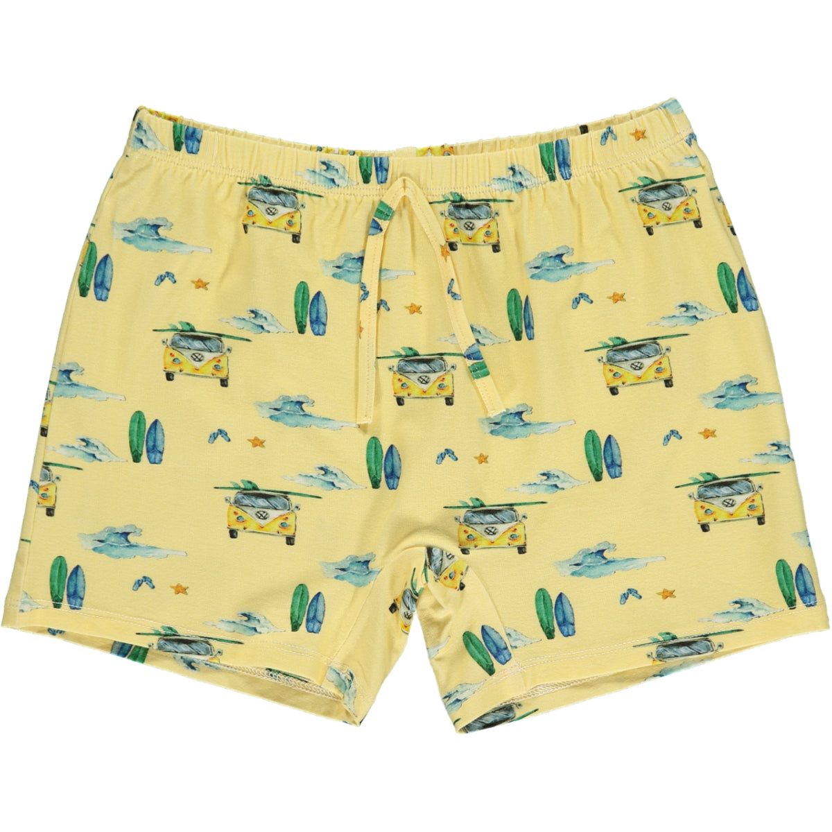 summer shorts in green and yellow camper van and surf board watercolor print with yellow background, in sustainable bamboo fabric