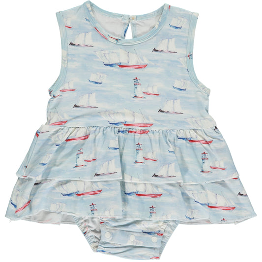 sleeveless summer onesie dress with sailing boat print in blue and white, made of bamboo fabric, two frills on the skirt