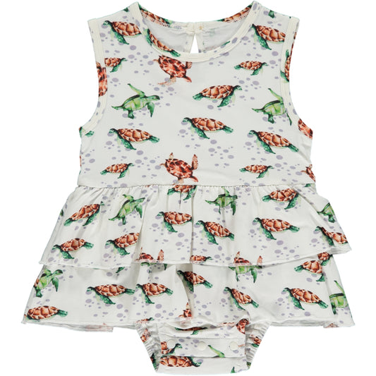 sleeveless summer onesie dress with sea turtles print in brown and green on white background, made of bamboo fabric, two frills on the skirt