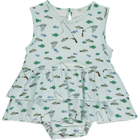 sleeveless summer onesie dress with fish print in green, made of bamboo fabric, two frills on the skirt