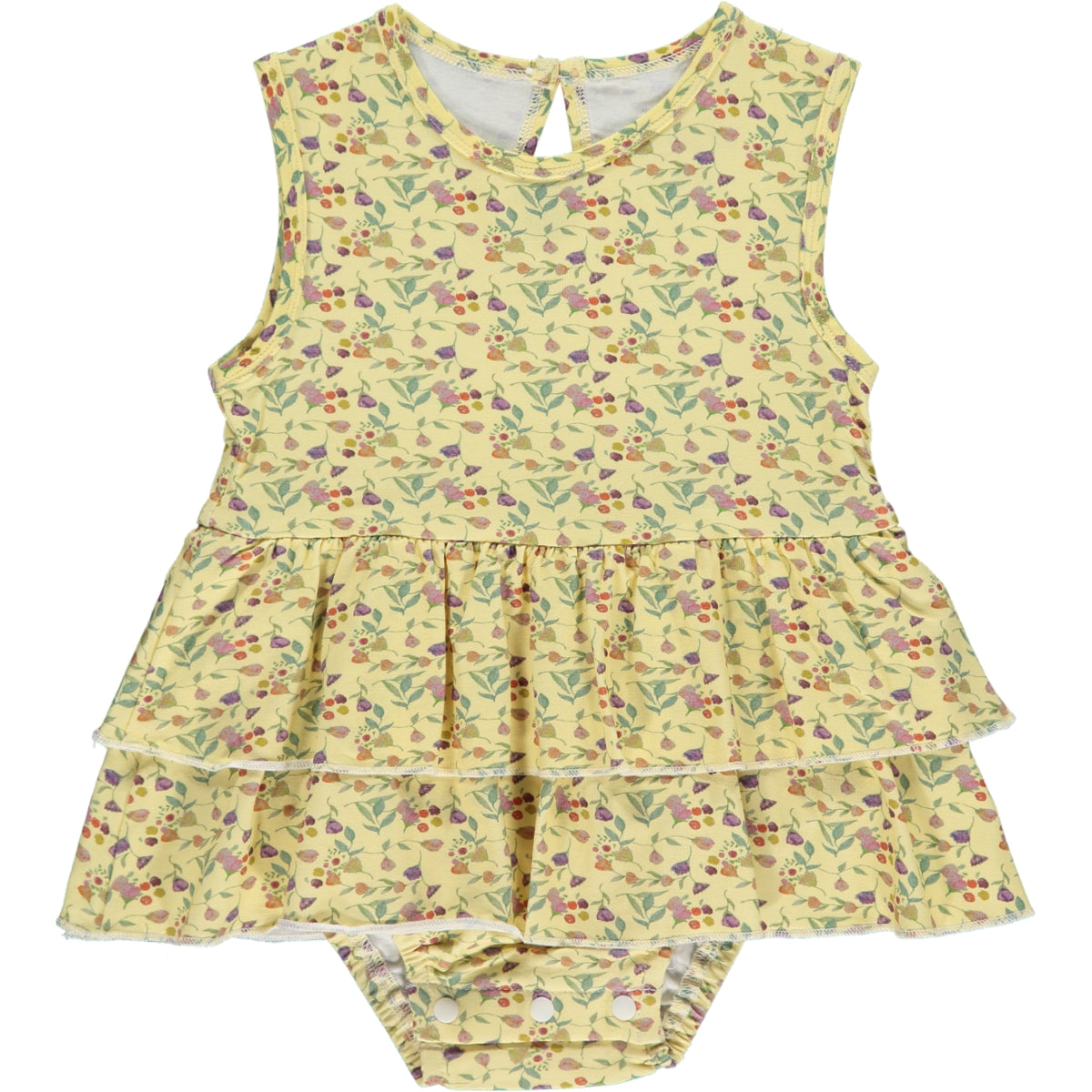 sleeveless summer onesie dress in yellow wildflower print with multicolor flowers, made of bamboo fabric, two frills on the skirt