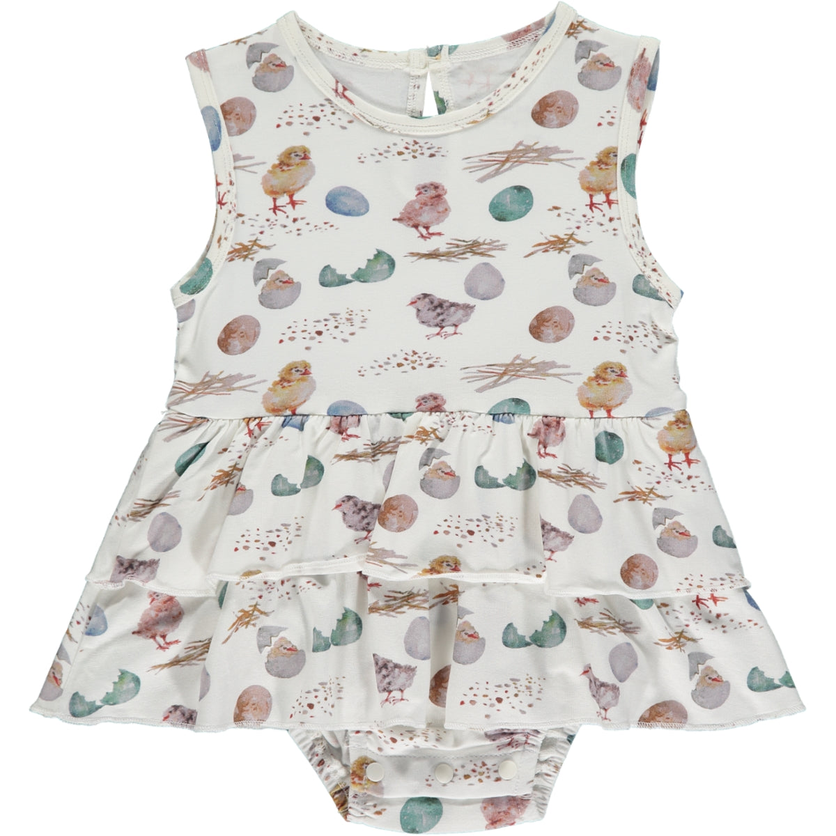 sleeveless summer onesie dress with chicks and eggs print in white, pink and soft turquoise, made of bamboo fabric, two frills on the skirt