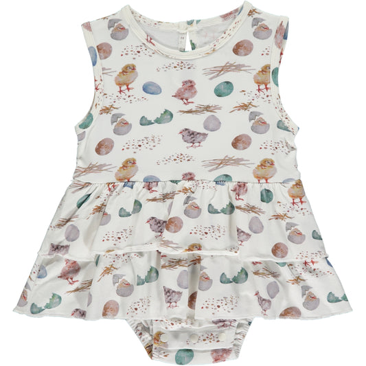 sleeveless summer onesie dress with chicks and eggs print in white, pink and soft turquoise, made of bamboo fabric, two frills on the skirt