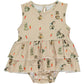 sleeveless summer onesie dress with bunny rabbit and carrot print in beige and orange, made of bamboo fabric, two frills on the skirt