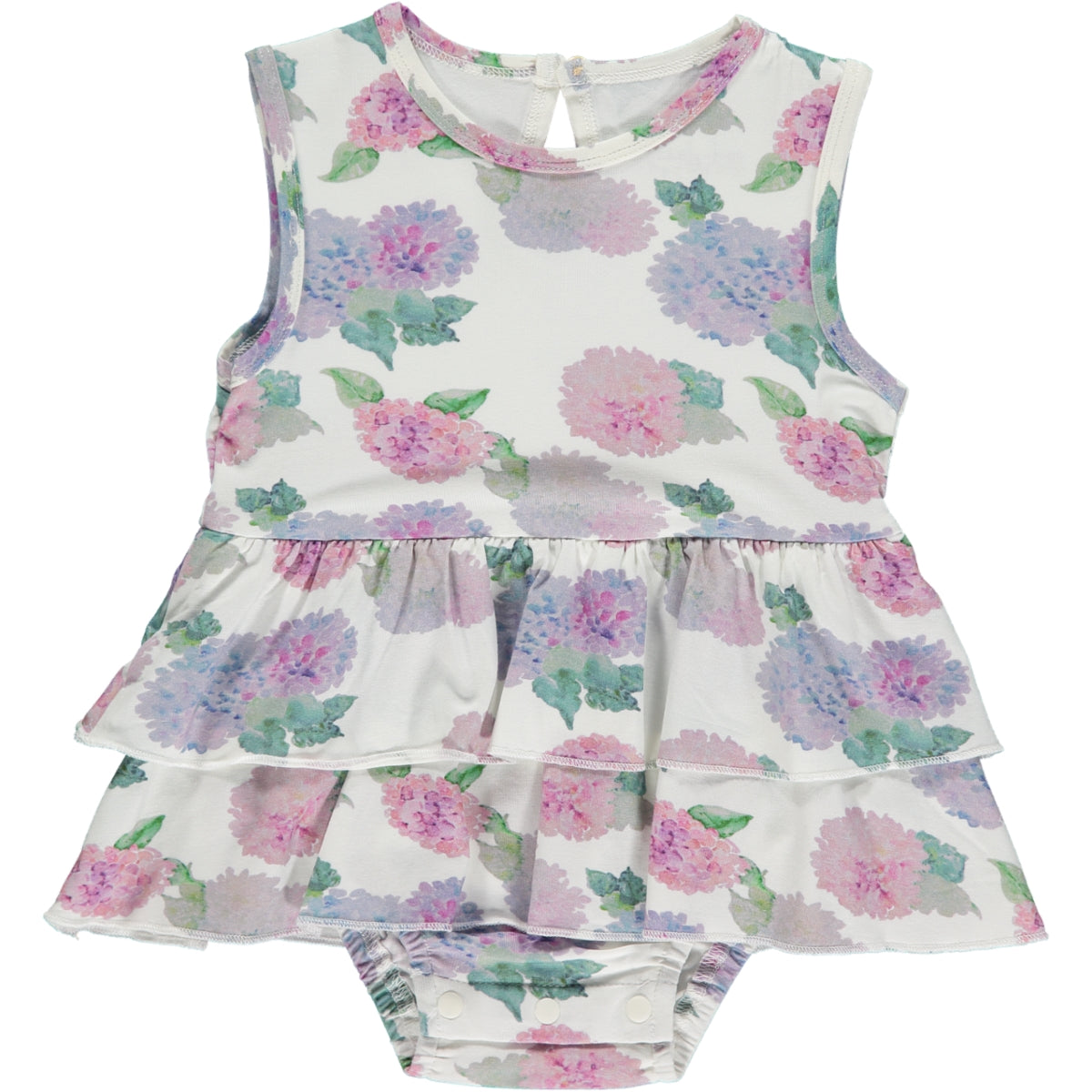 sleeveless summer onesie dress with hydrangea print in pink and violet on white background, made of bamboo fabric, two frills on the skirt