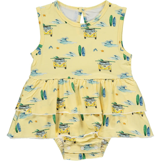 sleeveless summer onesie dress with camper van and surfboard print in yellow and green, made of bamboo fabric, two frills on the skirt