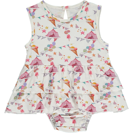 sleeveless summer onesie dress with pink tent and bunting print  on a white background, made of bamboo fabric, two frills on the skirt