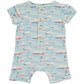 sleeveless shortie romper in traditional sailing boat print on a blue background, made of bamboo fabric, buttons on the placket