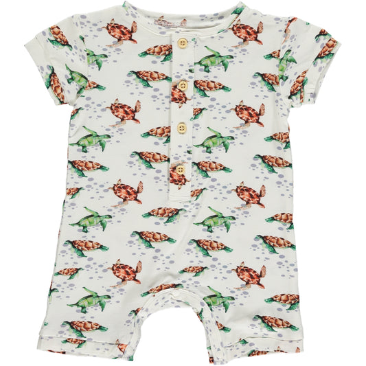 sleeveless shortie romper in watercolor green and brown turtle print on a white background, made of bamboo fabric, buttons on the placket