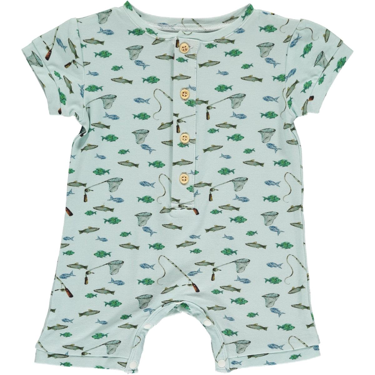 sleeveless shortie romper in fish and fishing rod print on a green background, made of bamboo fabric, buttons on the placket