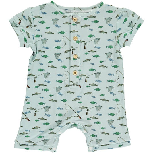sleeveless shortie romper in fish and fishing rod print on a green background, made of bamboo fabric, buttons on the placket